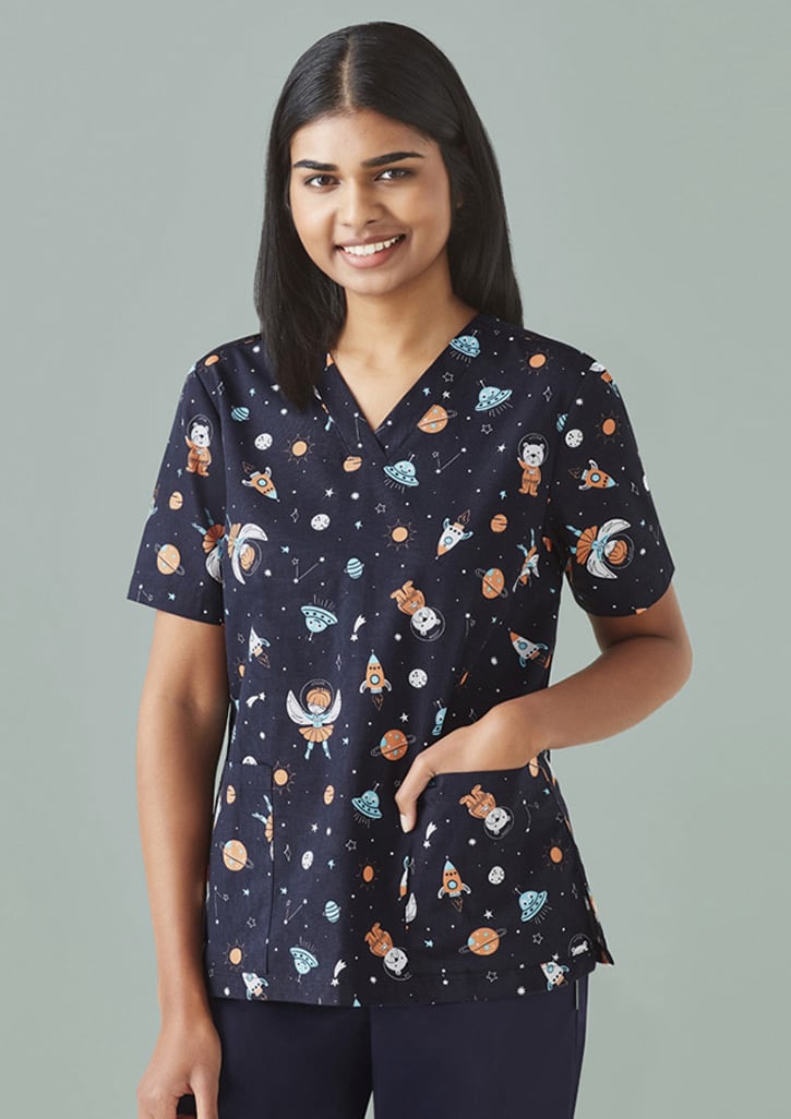 Womens Printed Space Party Scrub Top - CST148LS Image Midnight Navy