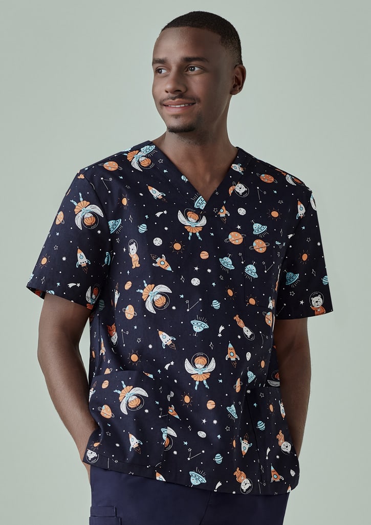 Mens Printed Space Party Scrub Top