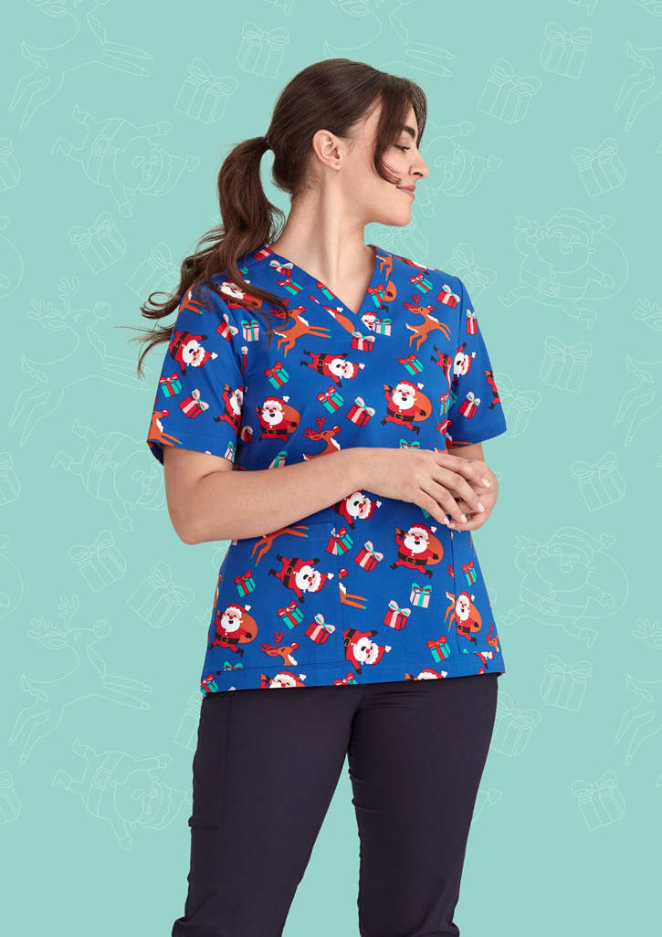 Womens Christmas V-Neck Short Sleeve Scrub Top