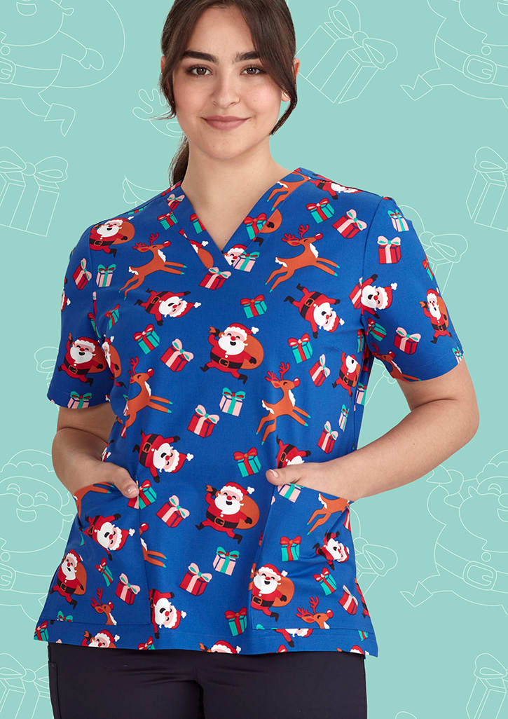 Womens Christmas V-Neck Short Sleeve Scrub Top