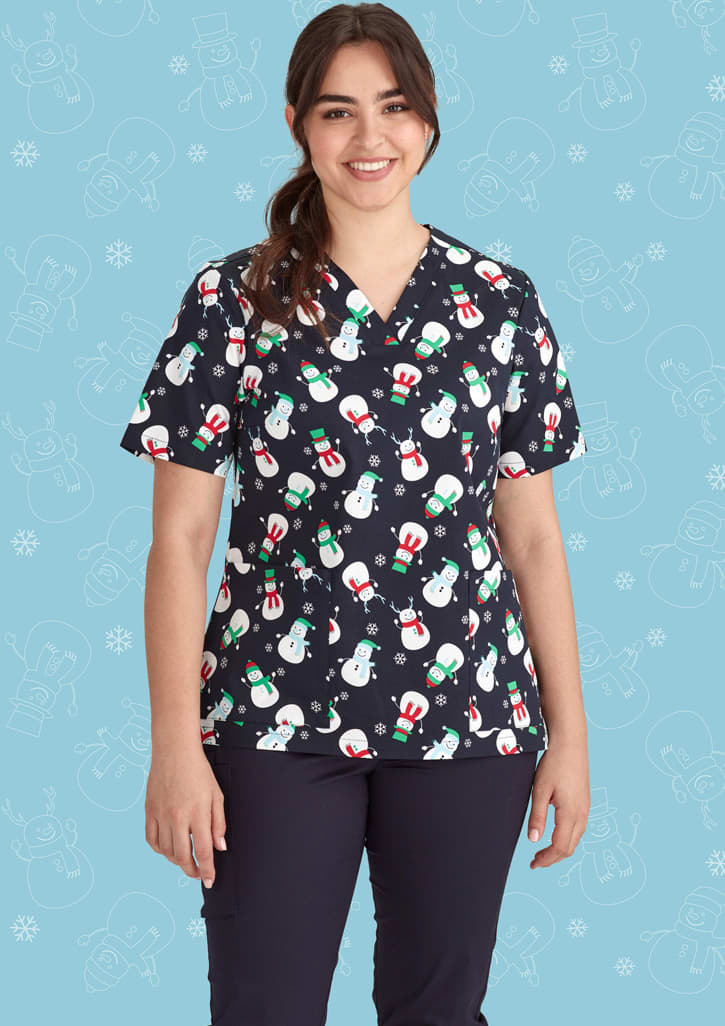 Womens Christmas V-Neck Short Sleeve Scrub Top