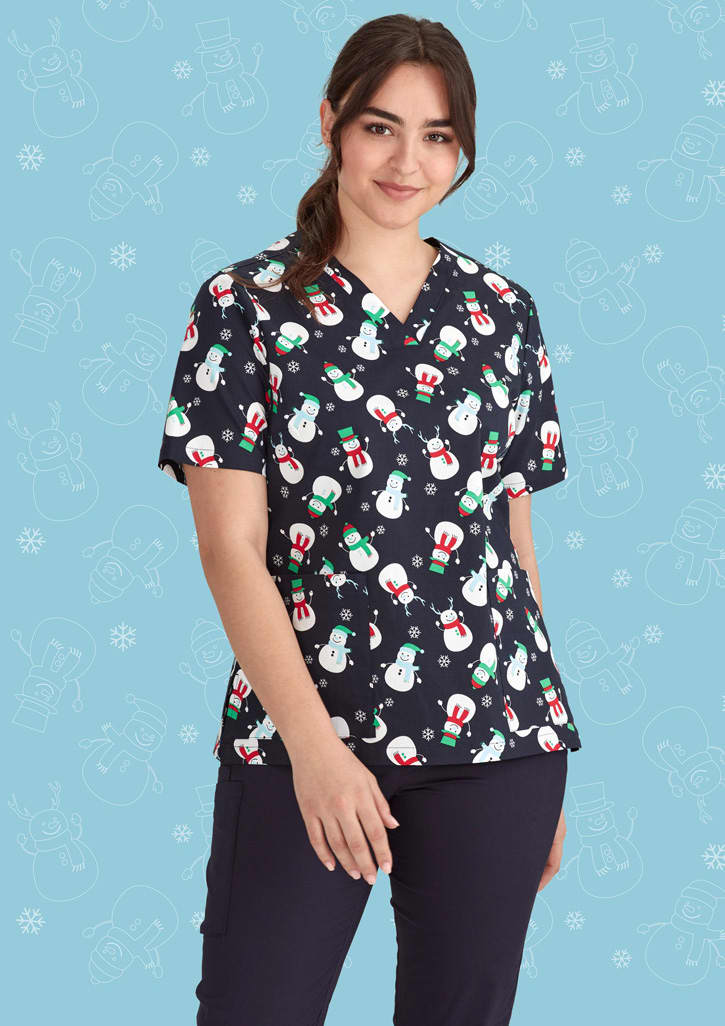 Womens Christmas V-Neck Short Sleeve Scrub Top