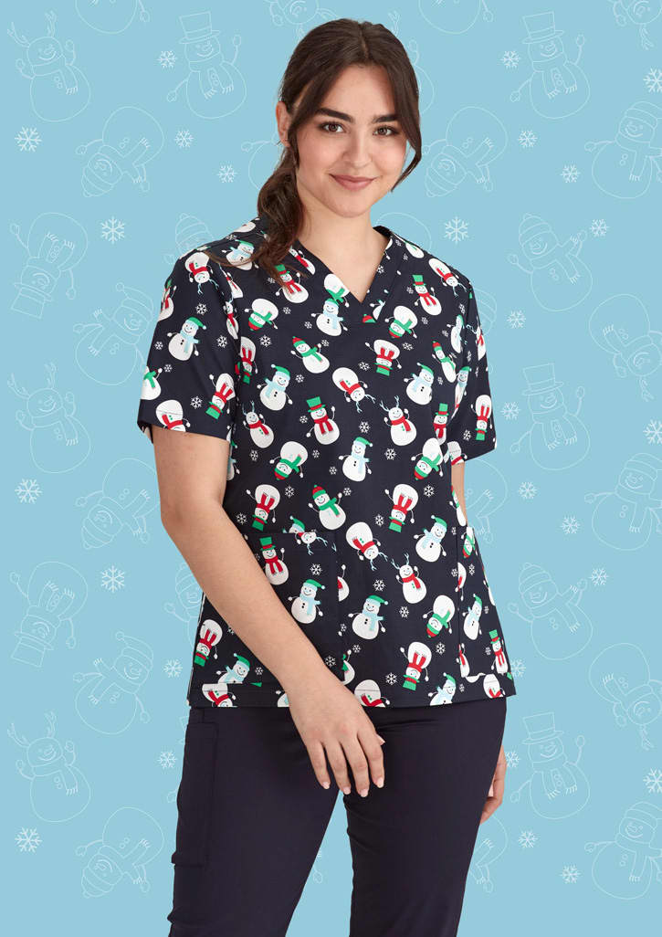 Womens Christmas V-Neck Short Sleeve Scrub Top