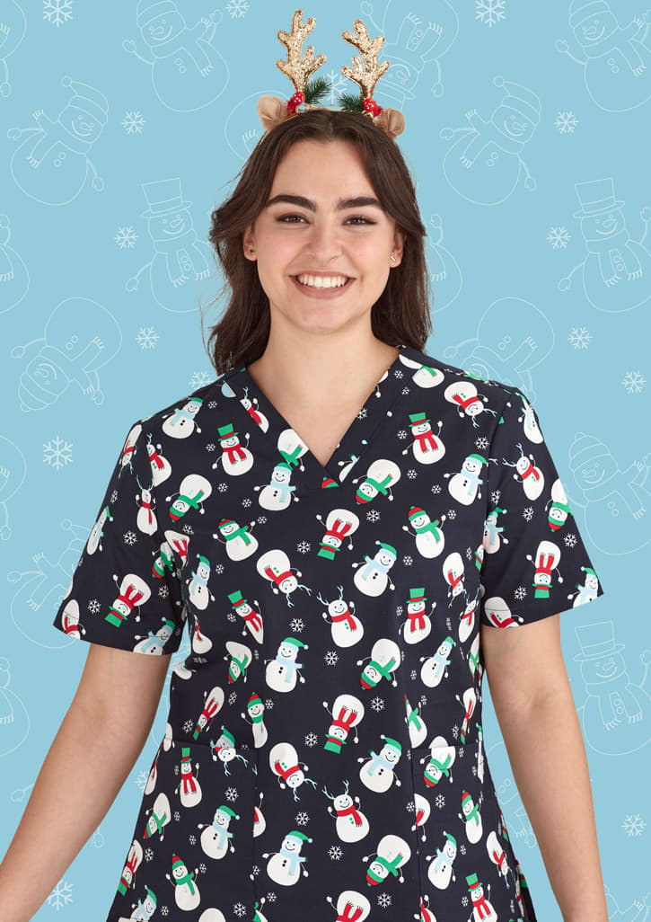 Womens Christmas V-Neck Short Sleeve Scrub Top