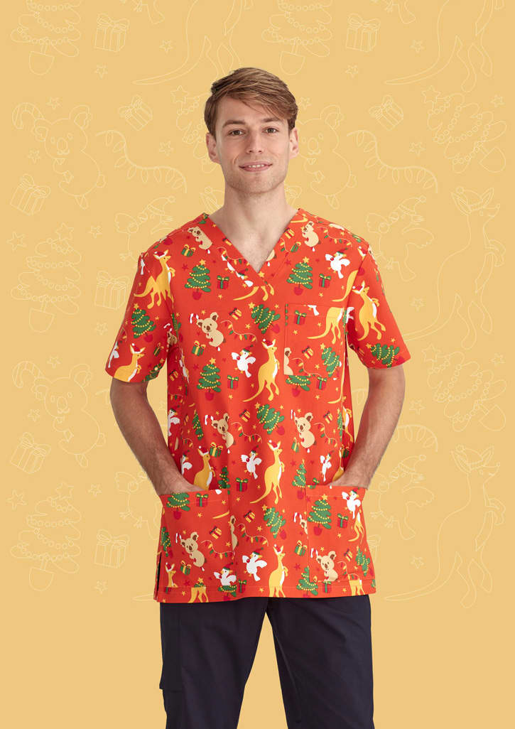 Mens Christmas V-Neck Short Sleeve Scrub Top - CST346MS Image