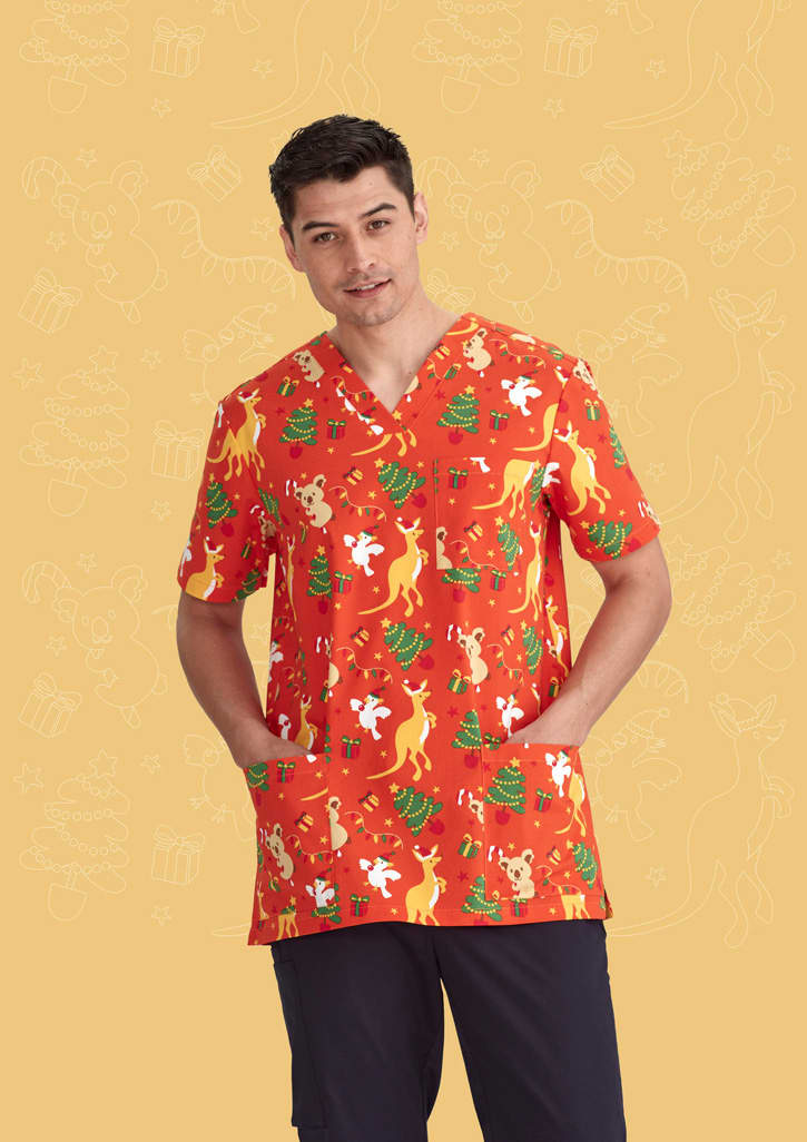 Mens Christmas V-Neck Short Sleeve Scrub Top - CST346MS Image