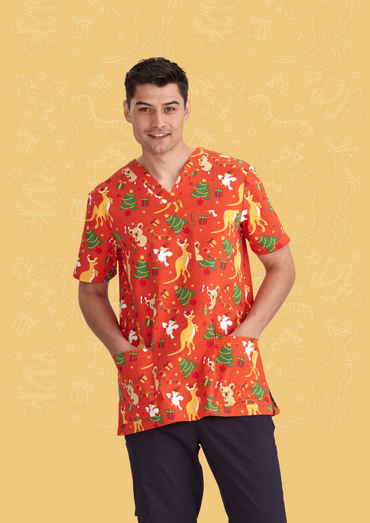 Mens Christmas V-Neck Short Sleeve Scrub Top - CST346MS Image