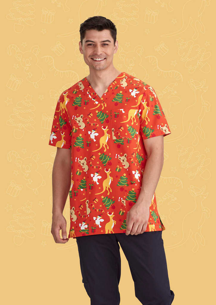 Mens Christmas V-Neck Short Sleeve Scrub Top - CST346MS Image
