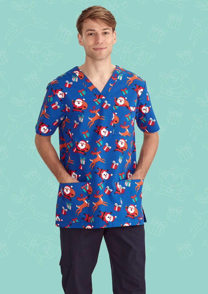 Mens Christmas V-Neck Short Sleeve Scrub Top - CST346MS Image Santa Electric Blue