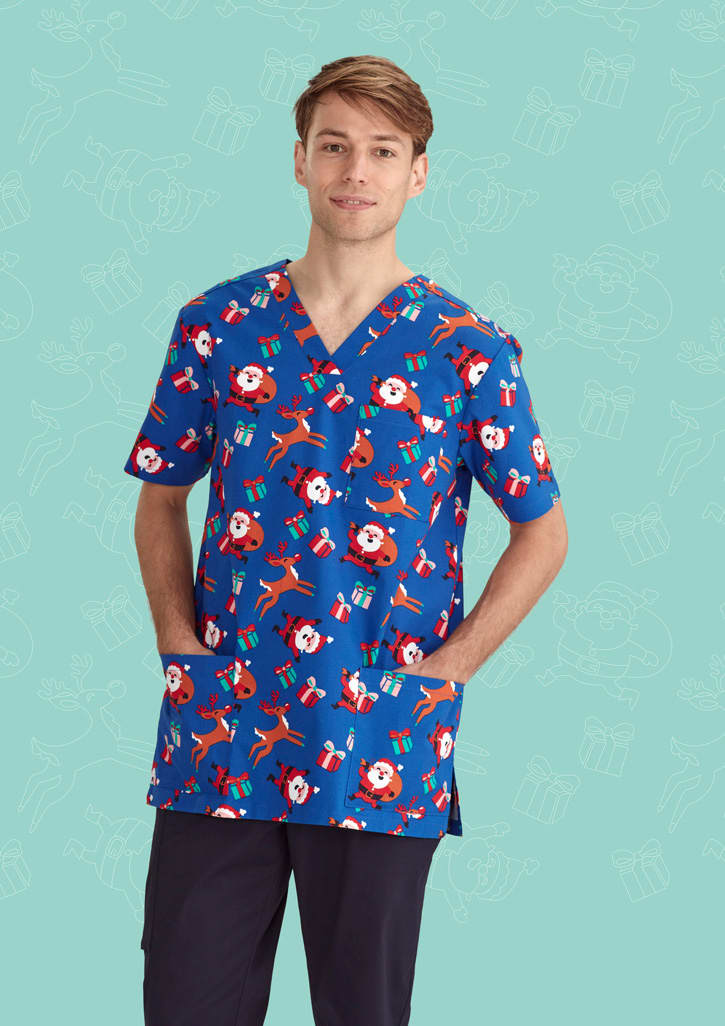 Mens Christmas V-Neck Short Sleeve Scrub Top - CST346MS Image