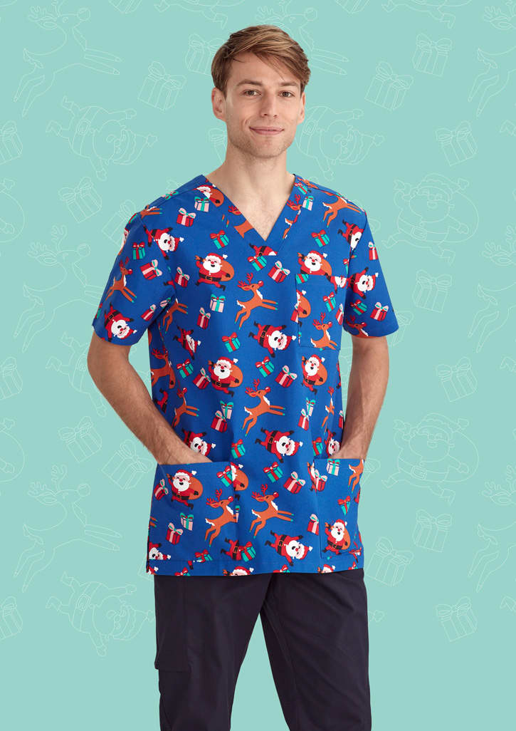 Mens Christmas V-Neck Short Sleeve Scrub Top - CST346MS Image