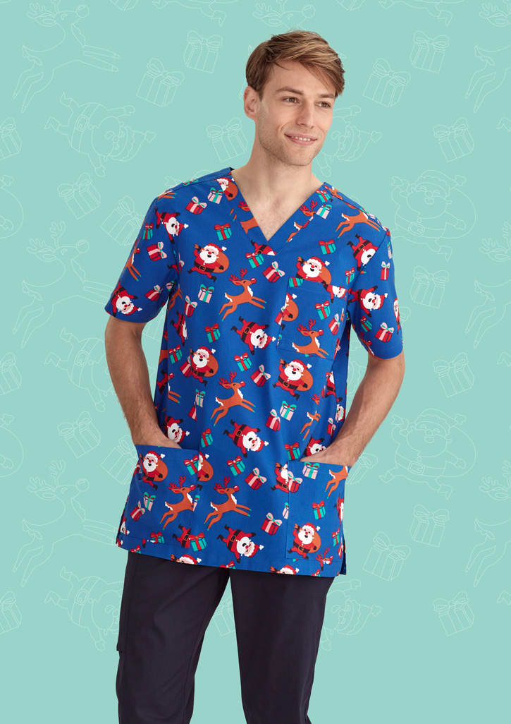 Mens Christmas V-Neck Short Sleeve Scrub Top - CST346MS Image