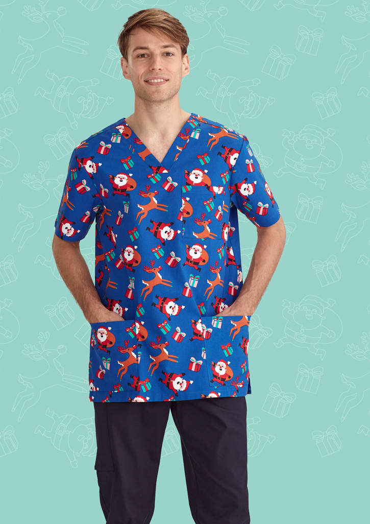 Mens Christmas V-Neck Short Sleeve Scrub Top - CST346MS Image