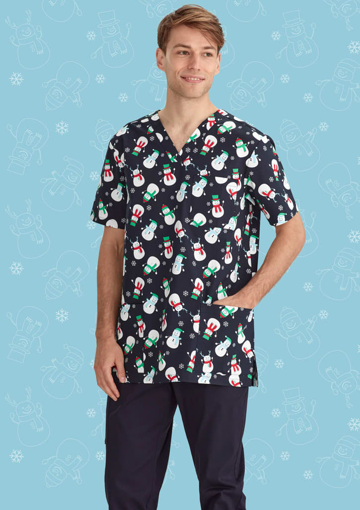 Mens Christmas V-Neck Short Sleeve Scrub Top - CST346MS Image Snowman Midnight Navy