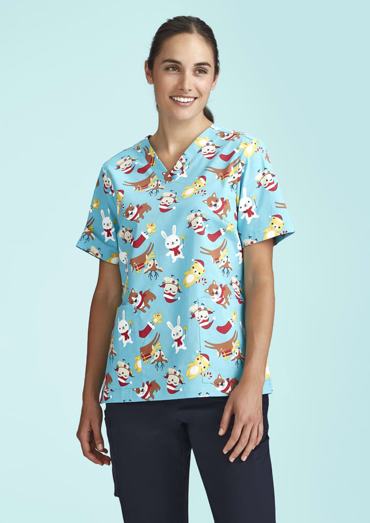 Womens Christmas Short Sleeve V-neck Scrub (Cotton)