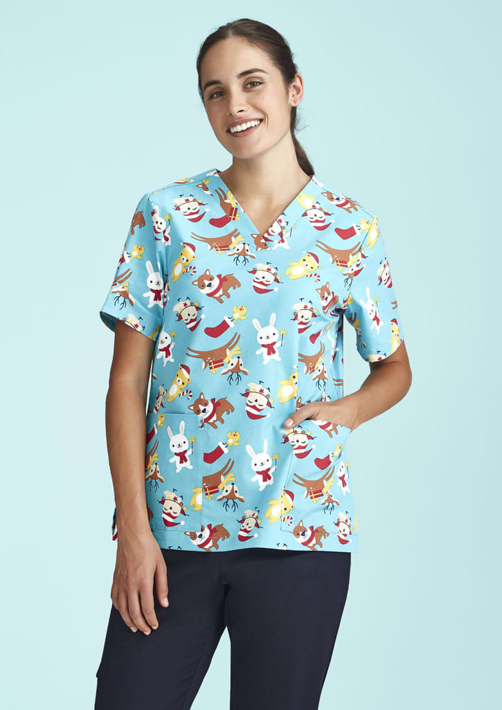 Womens Christmas Short Sleeve V-neck Scrub (Cotton) - CST446LS Image
