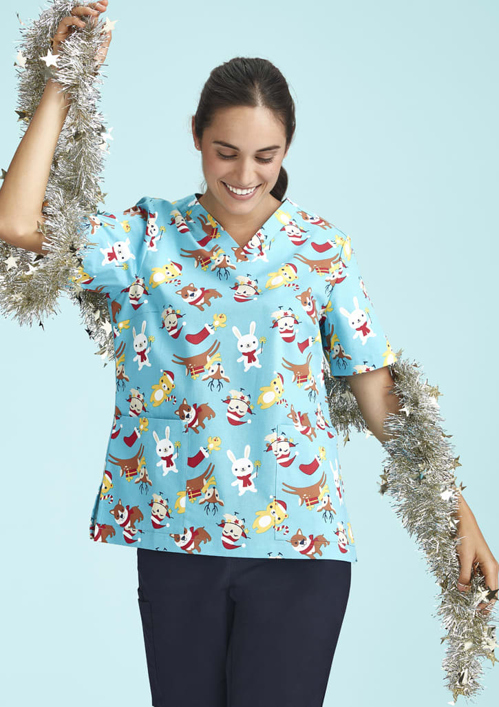 Womens Christmas Short Sleeve V-neck Scrub (Cotton) - CST446LS Image