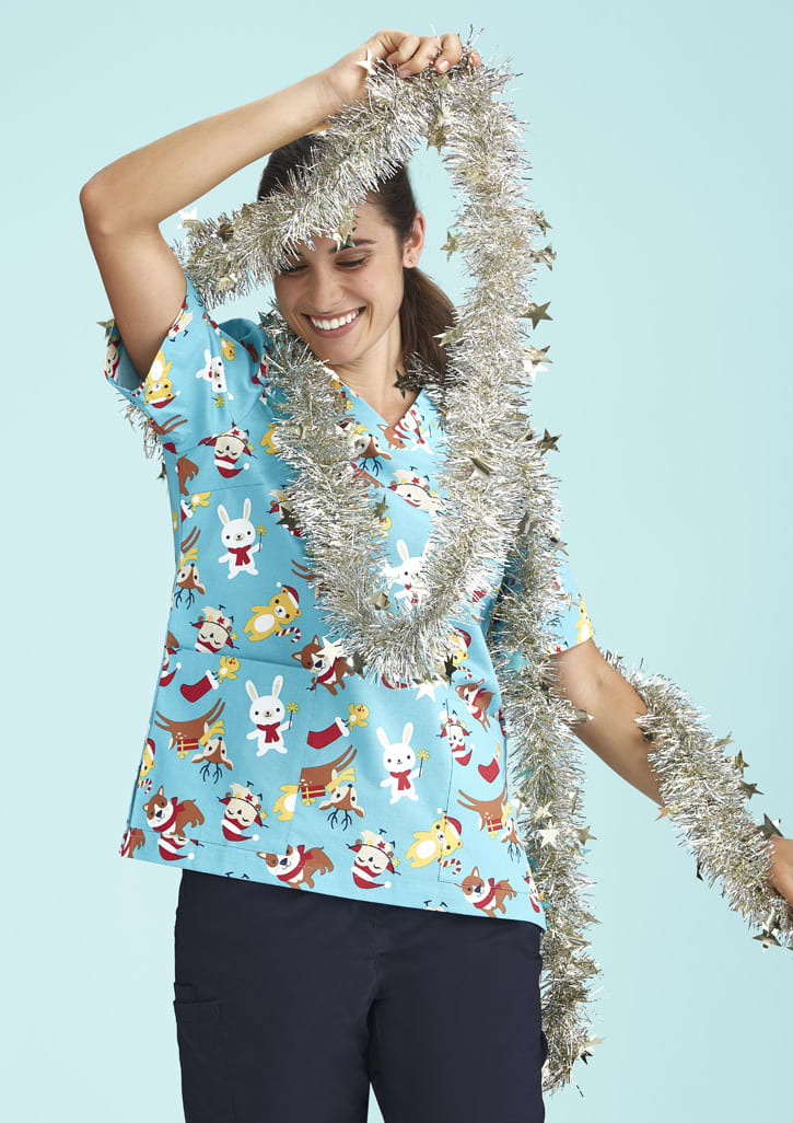 Womens Christmas Short Sleeve V-neck Scrub (Cotton) - CST446LS Image