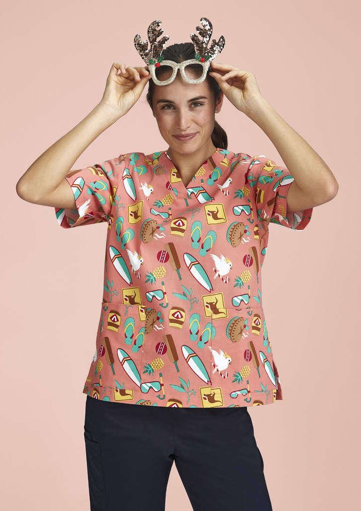 Womens Christmas Short Sleeve V-neck Scrub (Cotton) - CST446LS Image