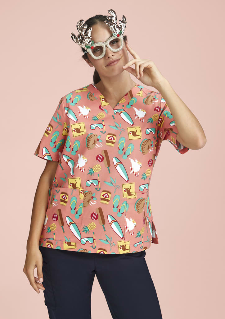 Womens Christmas Short Sleeve V-neck Scrub (Cotton) - CST446LS Image