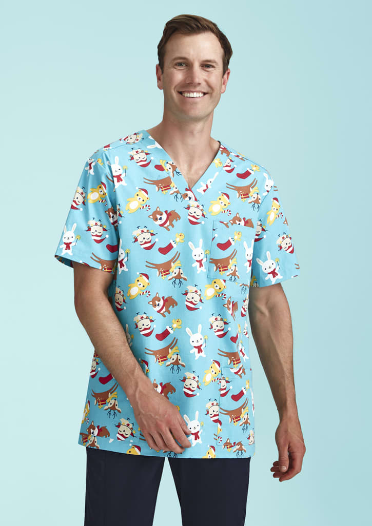 Mens Christmas Short Sleeve V-neck Scrub