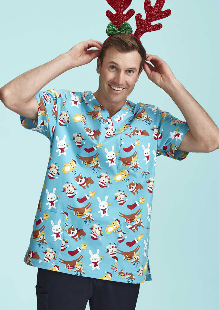 Mens Christmas Short Sleeve V-neck Scrub