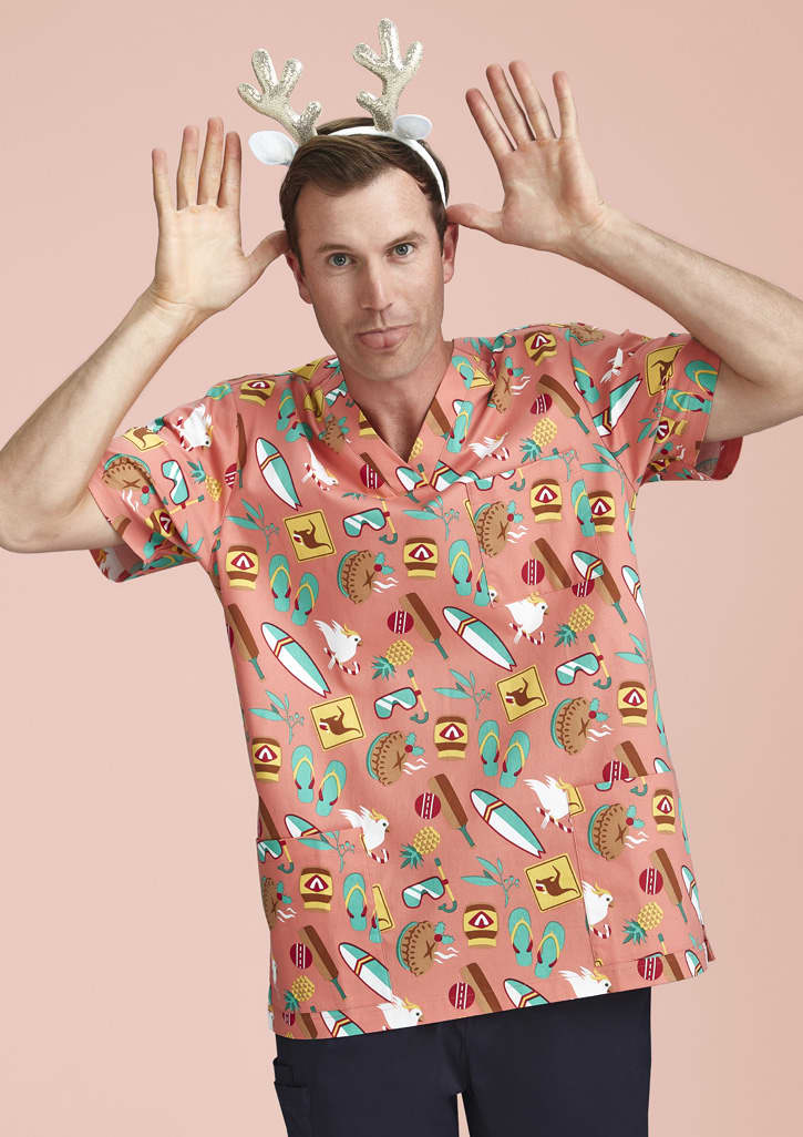 Mens Christmas Short Sleeve V-neck Scrub