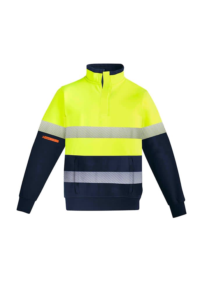 Mens Orange Flame Hi Vis 1/4 Zip Brushed Fleece Pullover - Hoop Taped - ZT150 Image Yellow/Navy