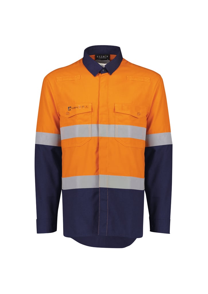 Mens Orange Flame Lightweight Ripstop Spliced Shirt - Hoop Taped - ZW180 Image Orange/Navy