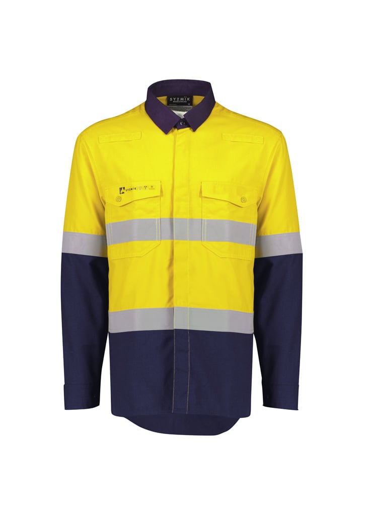 Mens Orange Flame Lightweight Ripstop Spliced Shirt - Hoop Taped - ZW180 Image Yellow/Navy