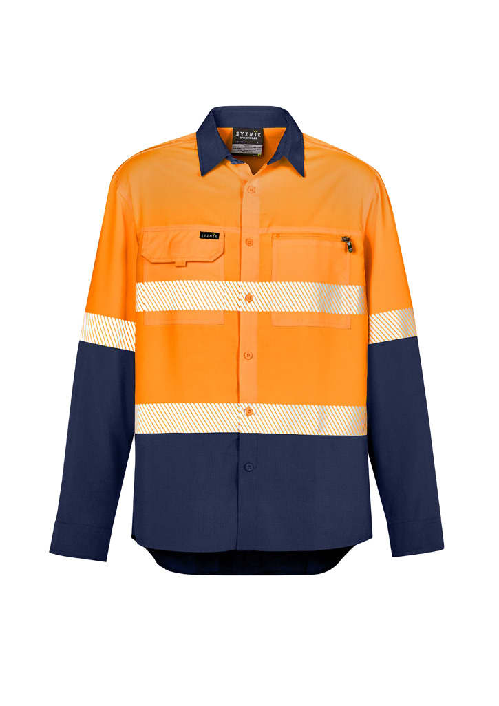Mens Hi Vis Outdoor Segmented Tape Long Sleeve Shirt - ZW470 Image Orange/Navy