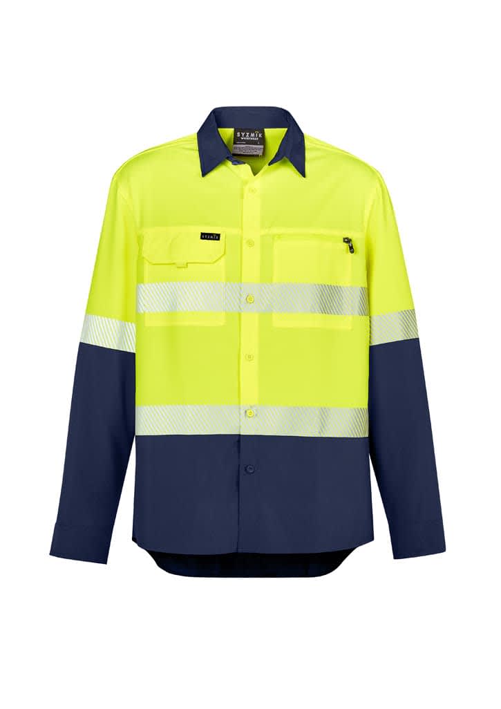 Mens Hi Vis Outdoor Segmented Tape Long Sleeve Shirt - ZW470 Image Yellow/Navy