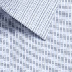 A button-up shirt featuring a light blue and white striped pattern, with a close-up view of the collar and fabric texture.