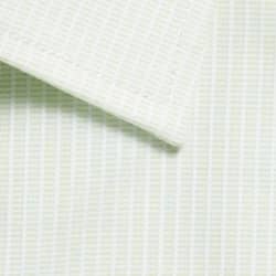 A light green button-up shirt with a subtle check pattern and a folded collar. It features branding on the label.