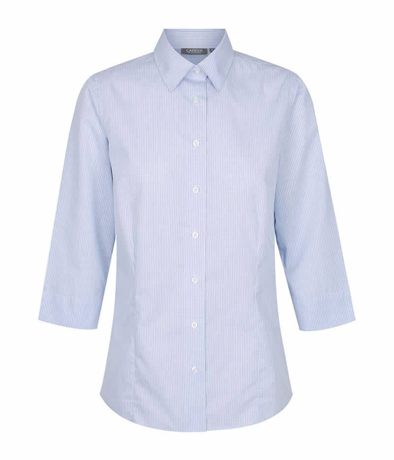 A light blue striped shirt with a collar and three-quarter sleeves, featuring buttons and a branding logo.