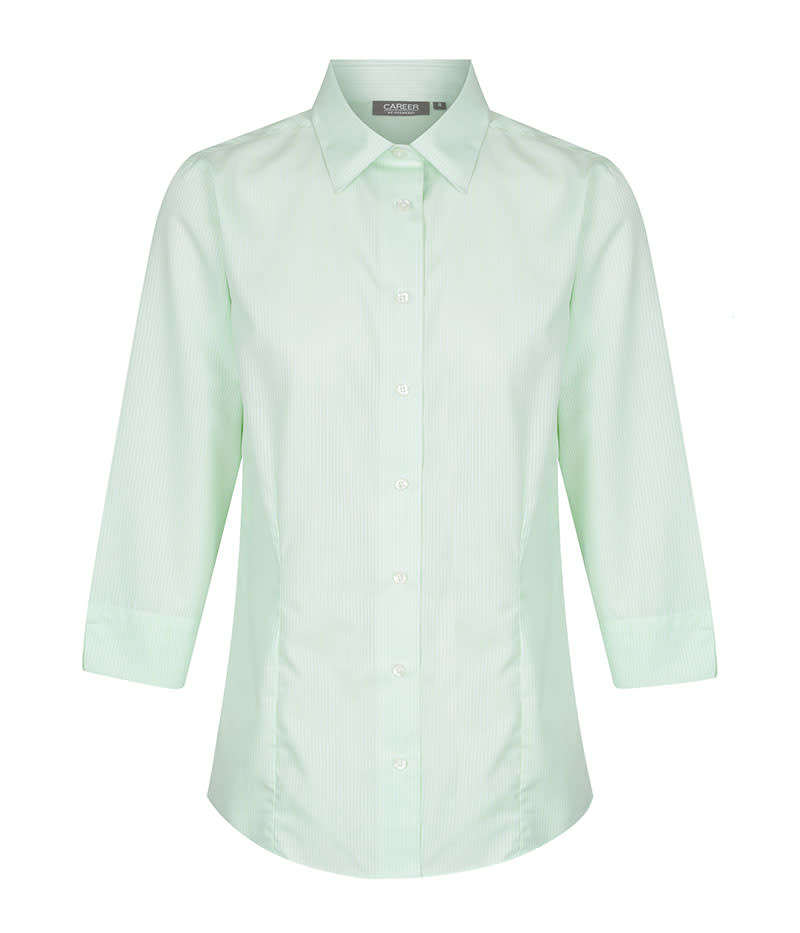 A light green shirt with a collar and three-quarter sleeves, featuring buttons down the front and a logo on the label.