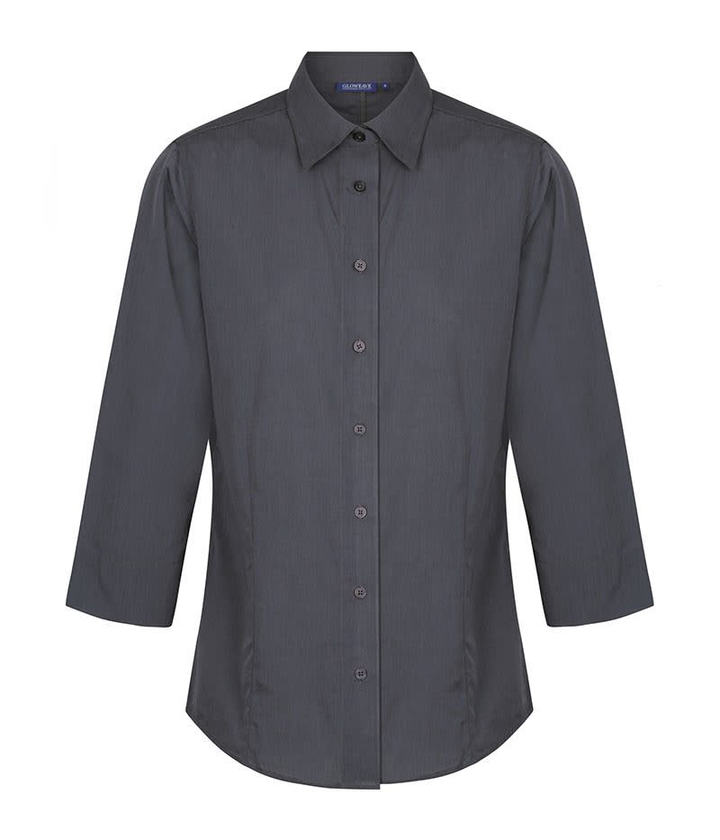 A button-up shirt in dark grey with a pointed collar and long sleeves, featuring a logo on the chest.