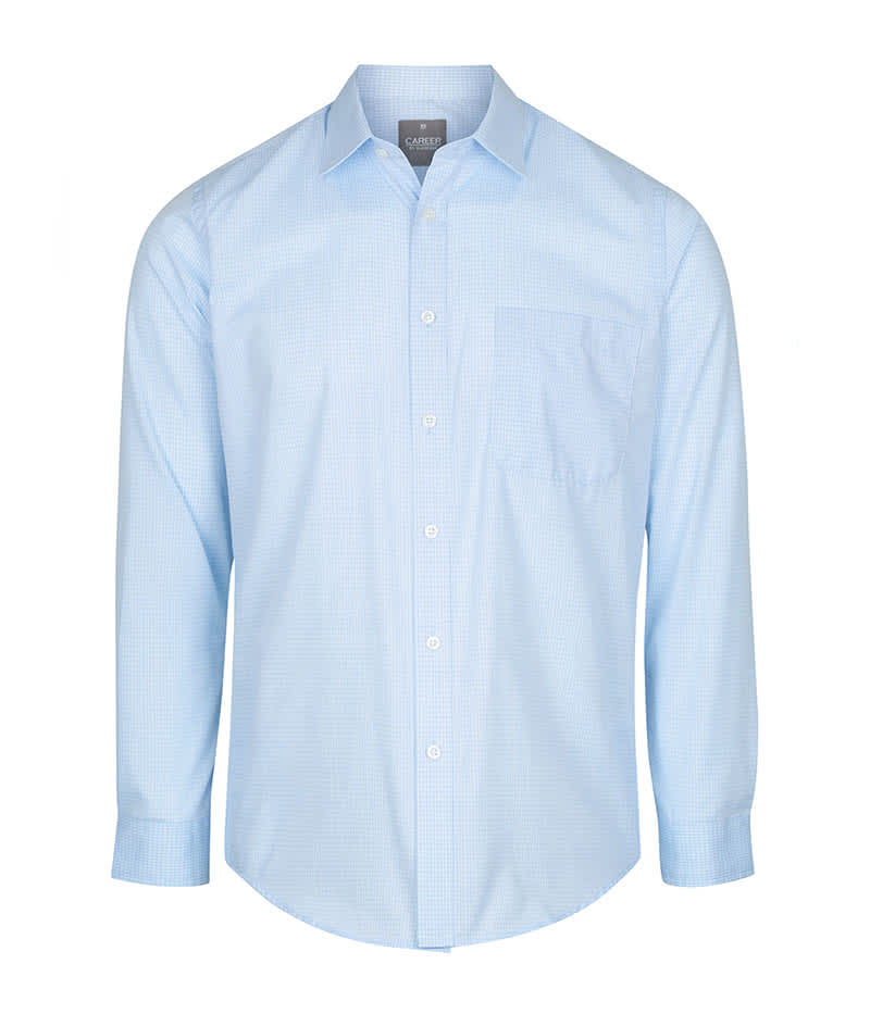 A light blue button-up shirt featuring a check pattern and a single chest pocket. It has long sleeves and a collar.