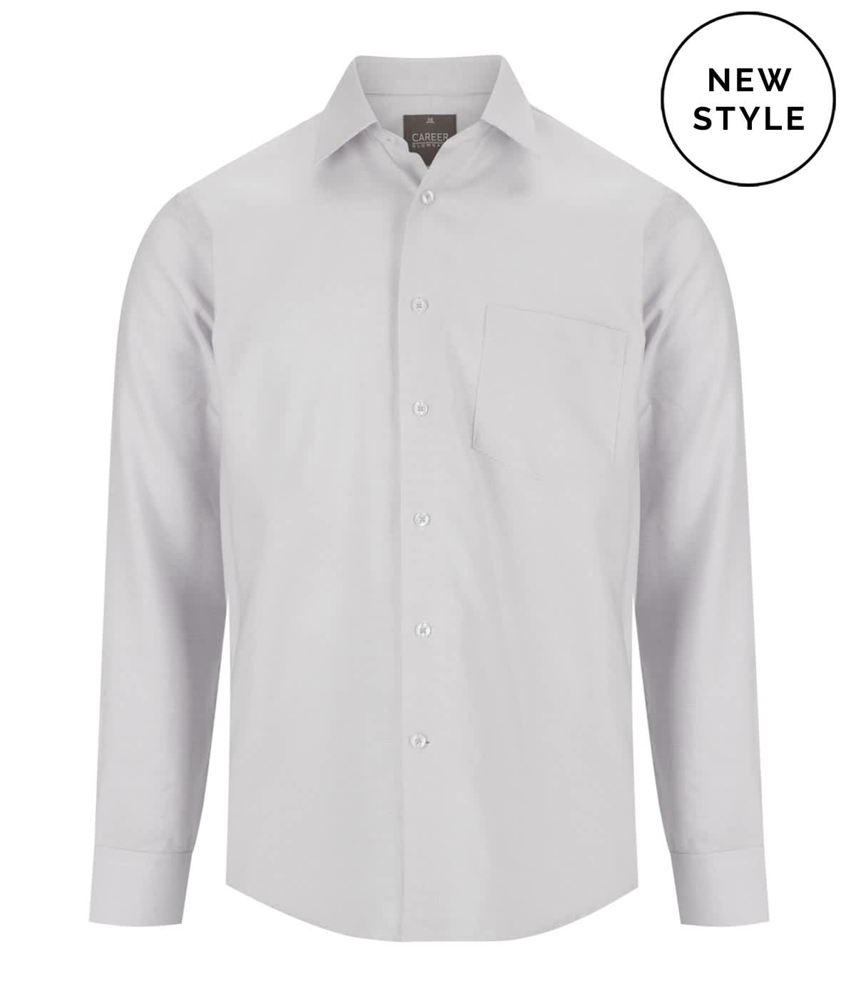 A light grey button-up shirt with long sleeves and a chest pocket. It features a logo on the collar.