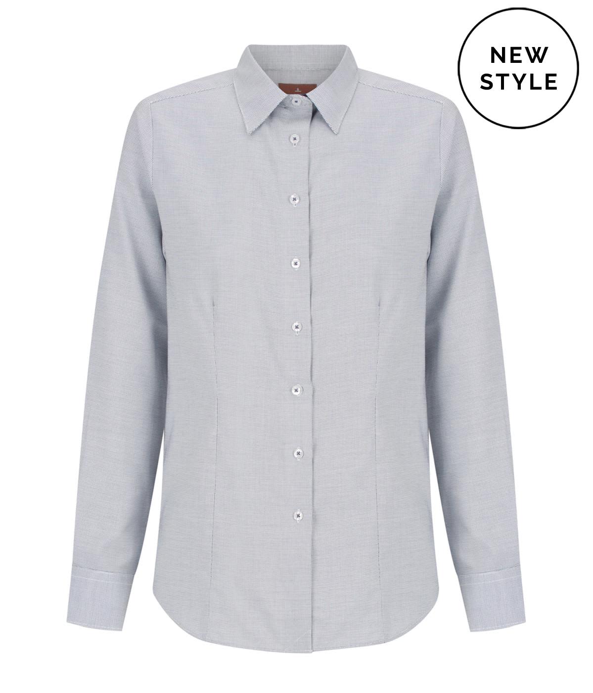 A grey button-up shirt with a collar and long sleeves, featuring a branded logo.