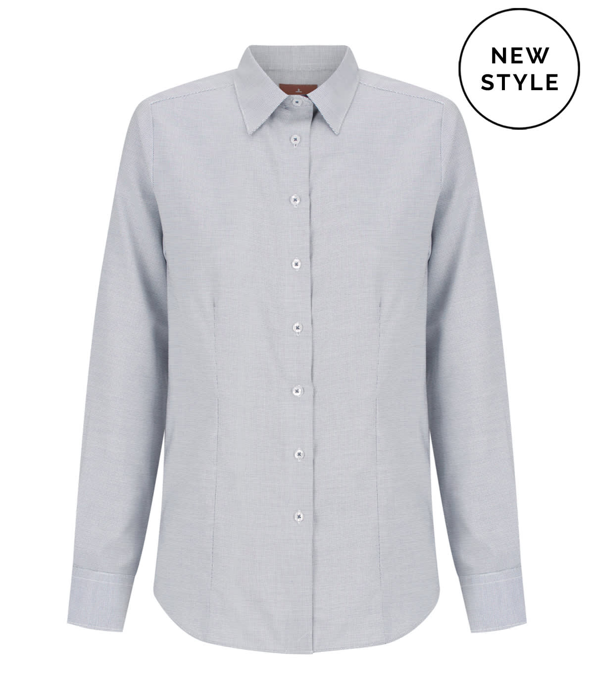 A light grey women's button-up shirt with long sleeves and a collar, featuring a logo.