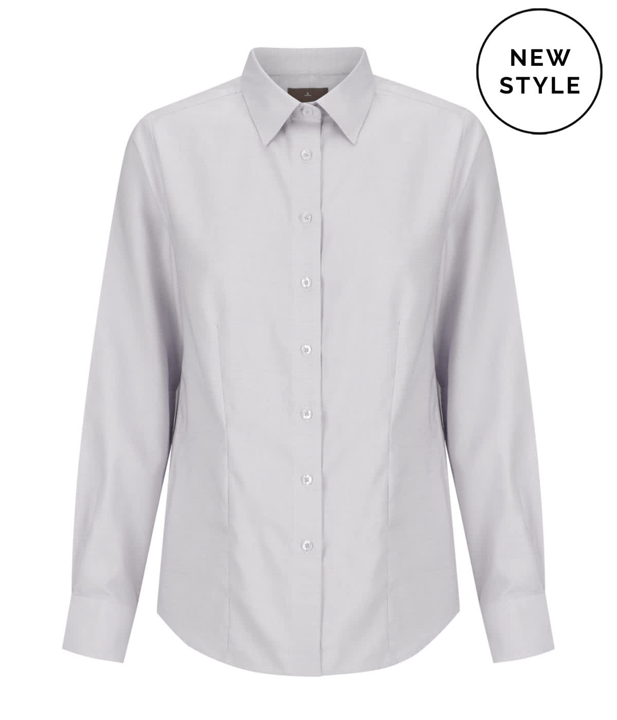 A light grey button-up shirt with long sleeves and a collar, featuring a logo on the chest.