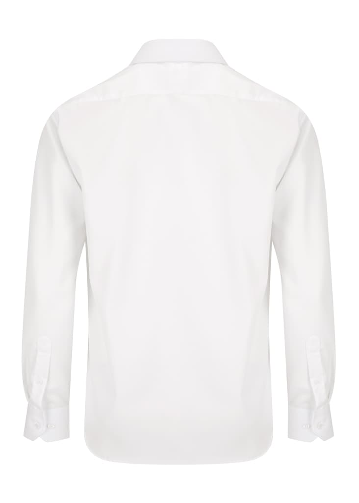A white long-sleeved shirt with a collar and buttoned cuffs, featuring a logo on the back.