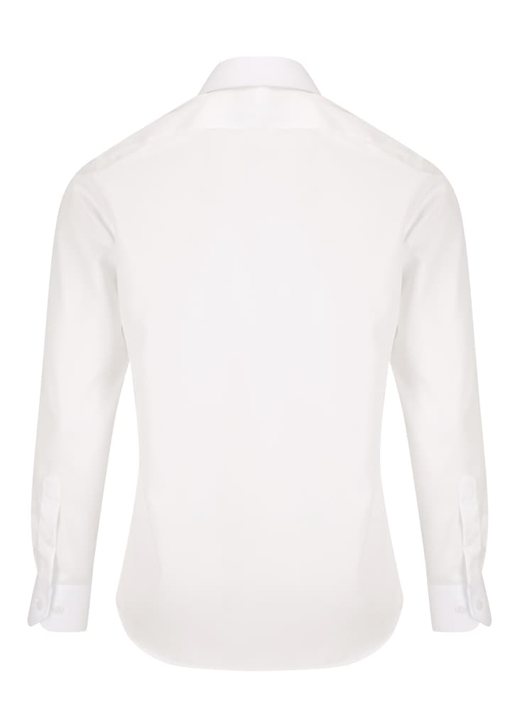 A white button-up shirt with long sleeves, featuring a plain back and a logo on the collar.