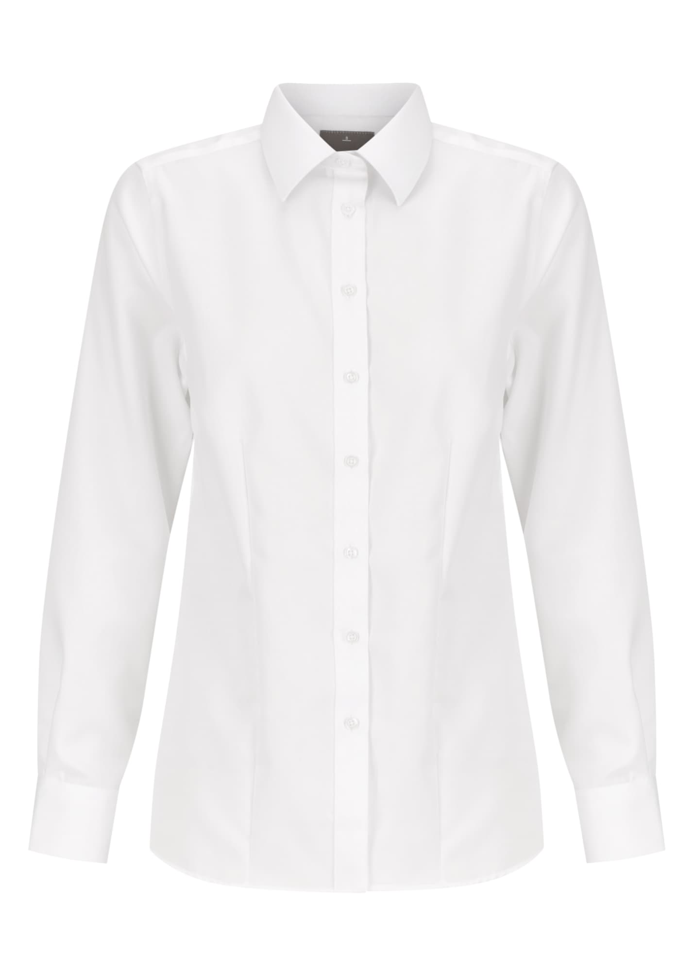 A white button-up shirt for women, featuring a classic collar and long sleeves. The shirt has a branding logo.