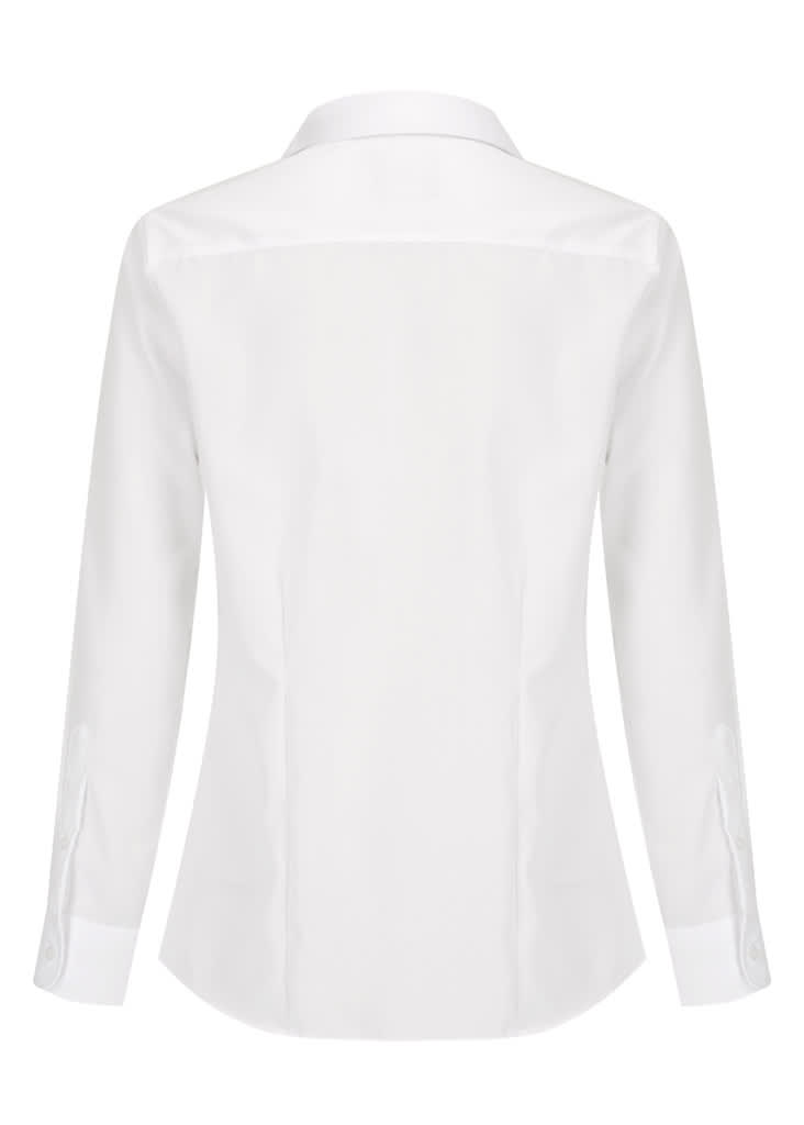 A white button-up women's shirt with long sleeves and a collar, featuring a logo on the back.