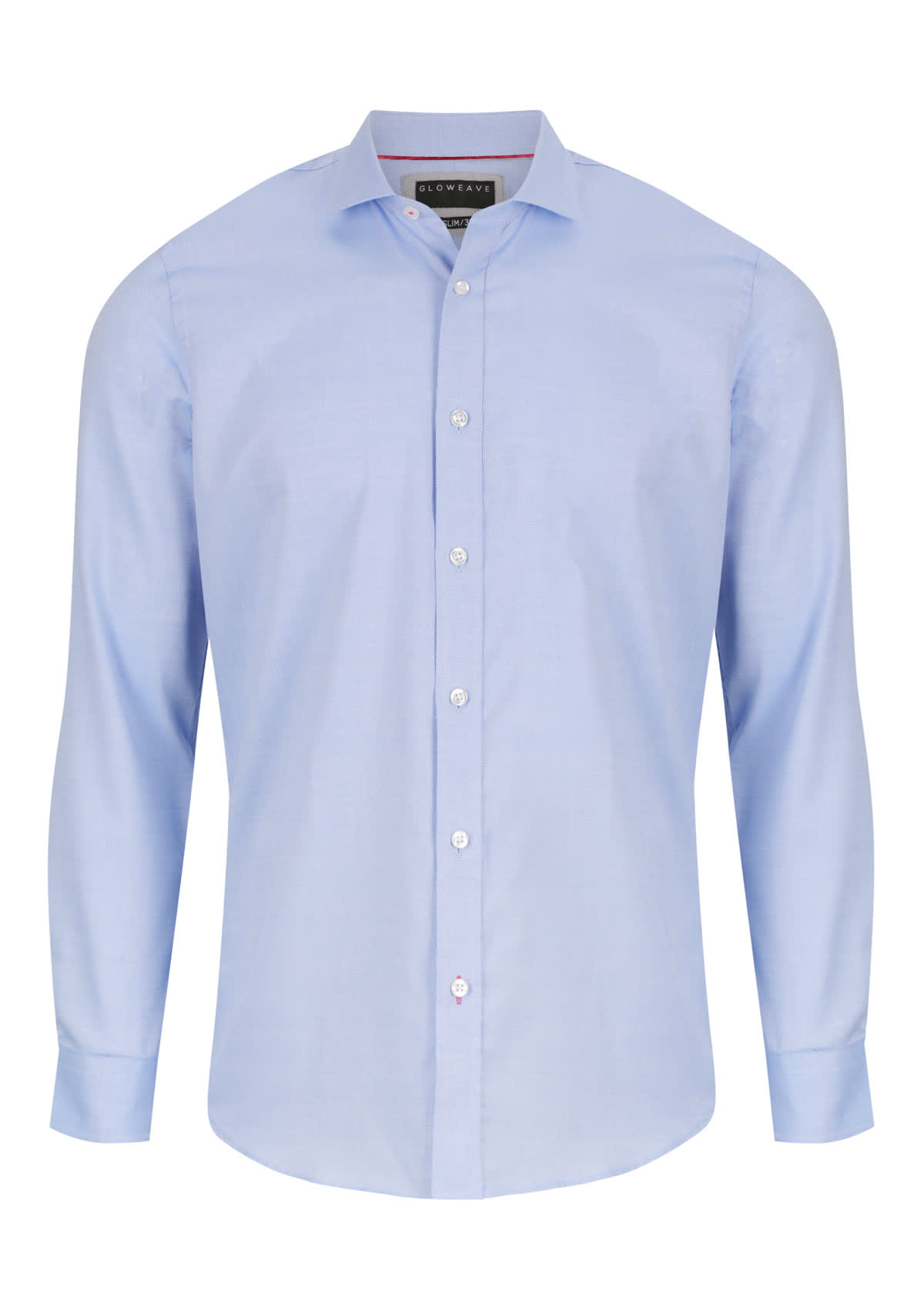 A light blue button-up shirt with long sleeves and a collar, featuring a subtle logo.