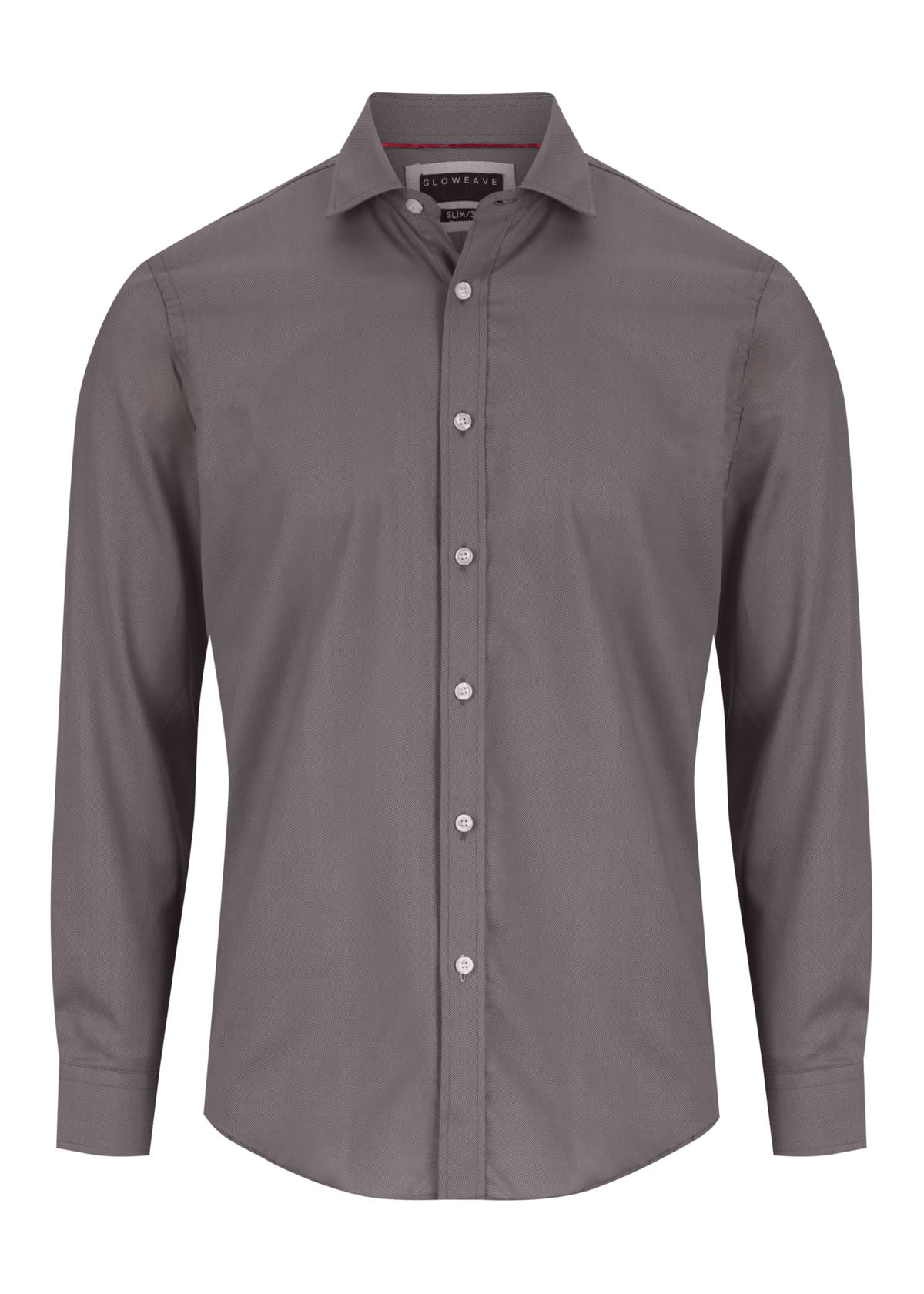 A button-up shirt in charcoal grey with a classic collar and long sleeves, featuring a logo on the label.