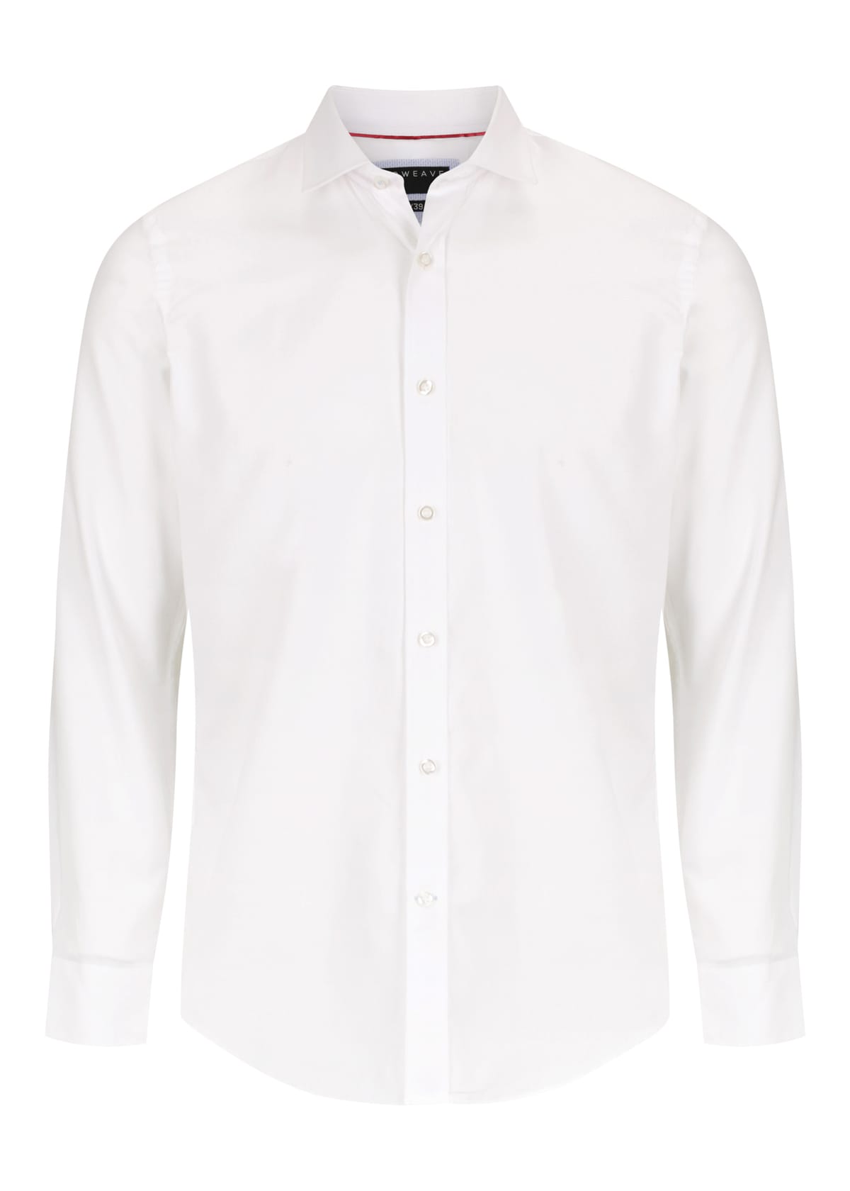 A white button-up shirt featuring long sleeves and a standard collar, with a logo on the label.