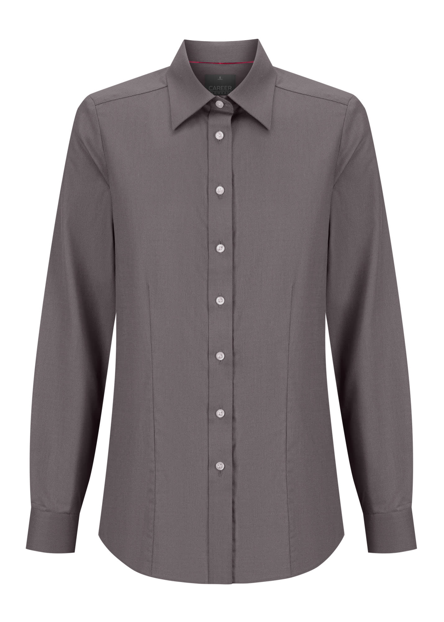 A women's button-up shirt in a sleek grey colour, featuring long sleeves and a classic collar, with a branded logo.